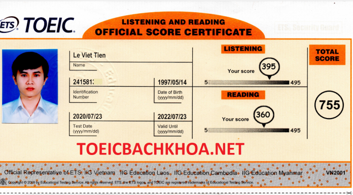 Chúc mừng Học viên Lê Việt Tiến đạt TOEIC 755